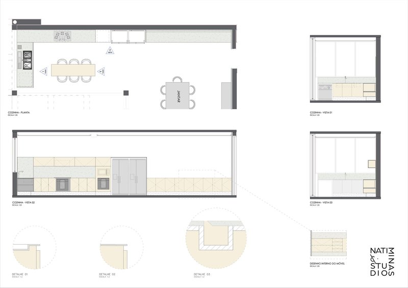 Kitchen plan and elevation drawings with material indications and detail sections of wood and tile finishes