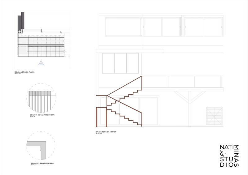 Staircase elevation and detail drawings showing metal railing, tread profile, and corner edge conditions