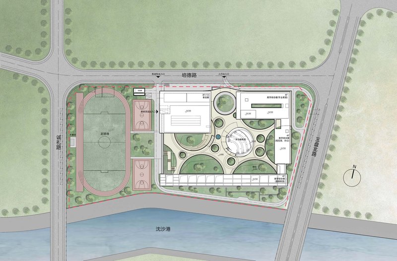 Site plan drawing showing a campus layout with sports field and circular courtyards beside a waterfront
