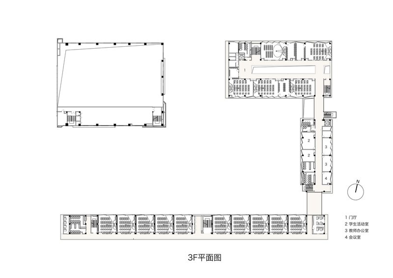 Floor plan drawing showing a U-shaped campus layout with a large open courtyard and classroom wings