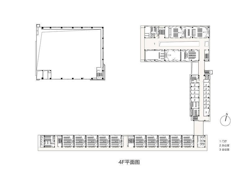 Floor plan drawing showing a U-shaped campus layout with a courtyard and interconnected classroom wings