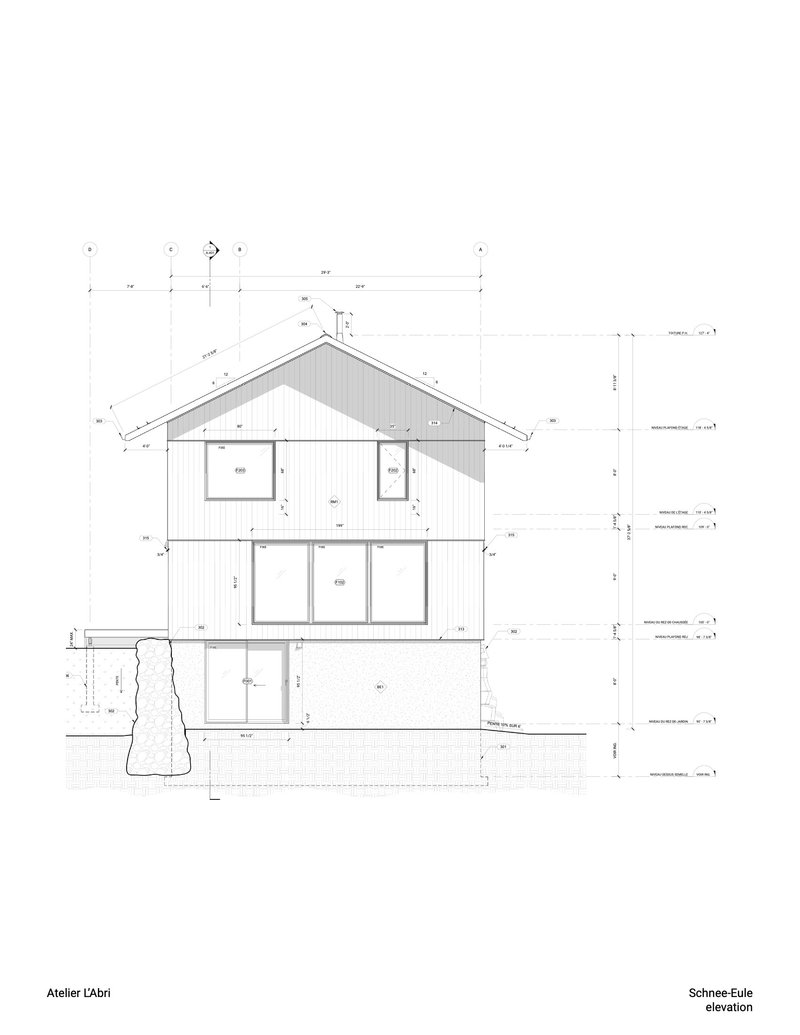 Elevation drawing showing a three-story house with vertical cladding and a tree at the base