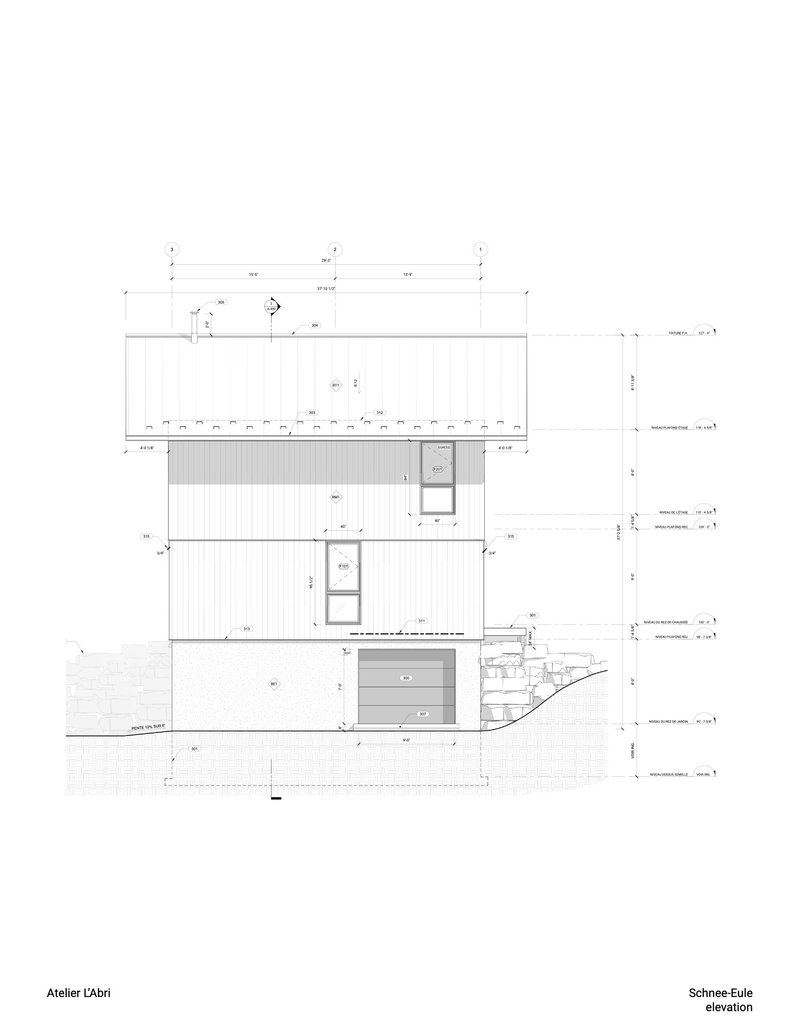 Elevation drawing showing the rear facade with terraced levels and vertical siding