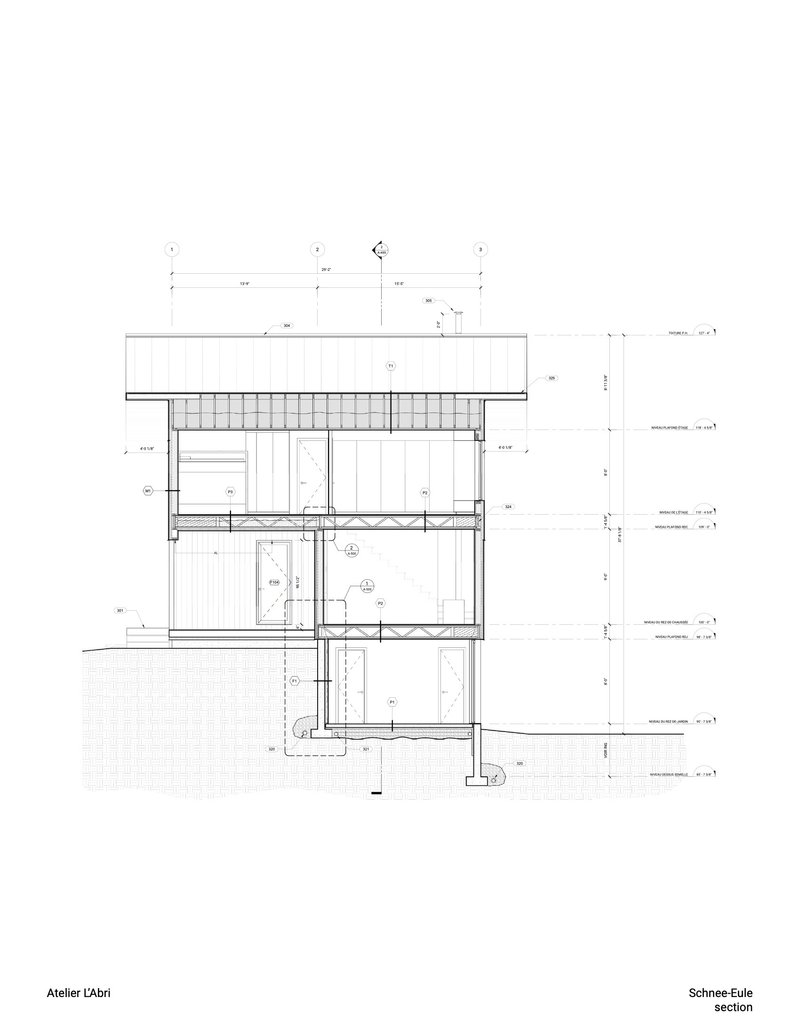 Section drawing revealing the internal layout across three floors with stairs and roof structure