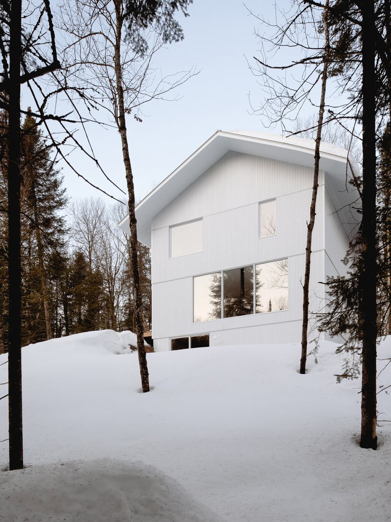 Front elevation showing the gabled volume with large glazing and winter light filtering through bare trees