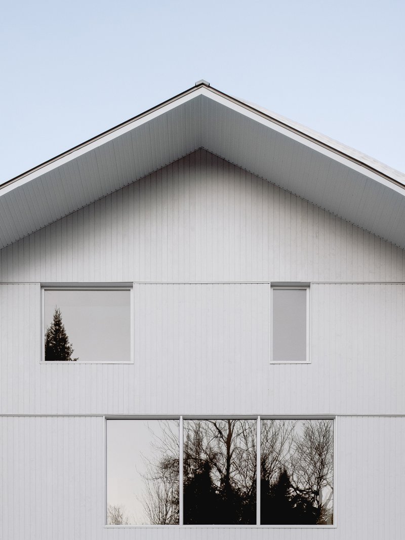 Facade detail of white vertical panels with gabled roof soffit and two upper windows framing evergreens