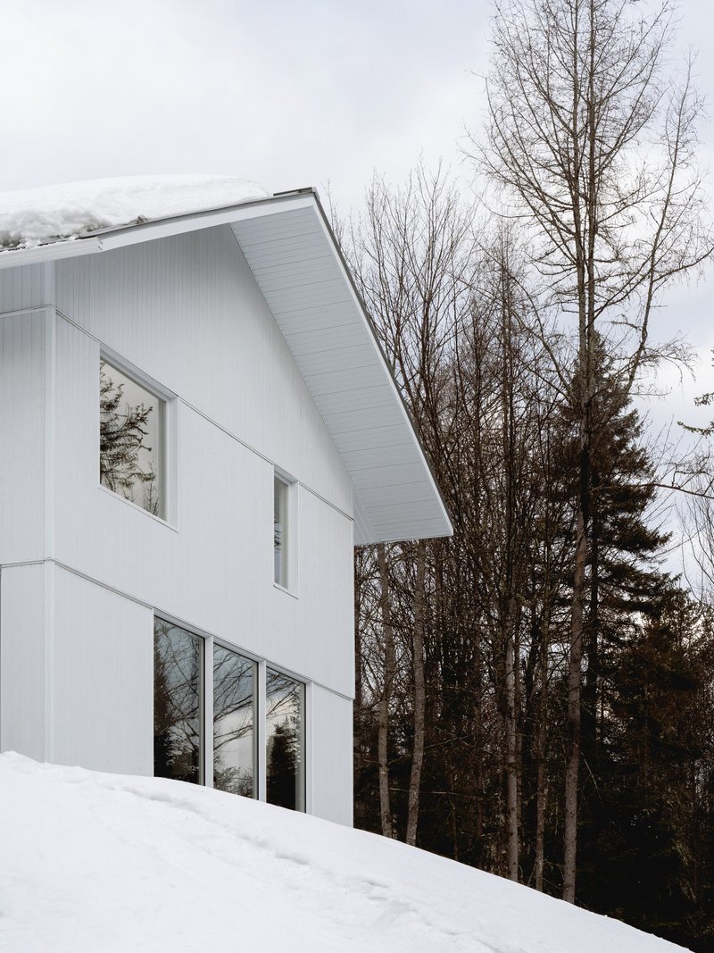 White corrugated metal facade with grouped windows set against bare winter trees and snow-covered ground