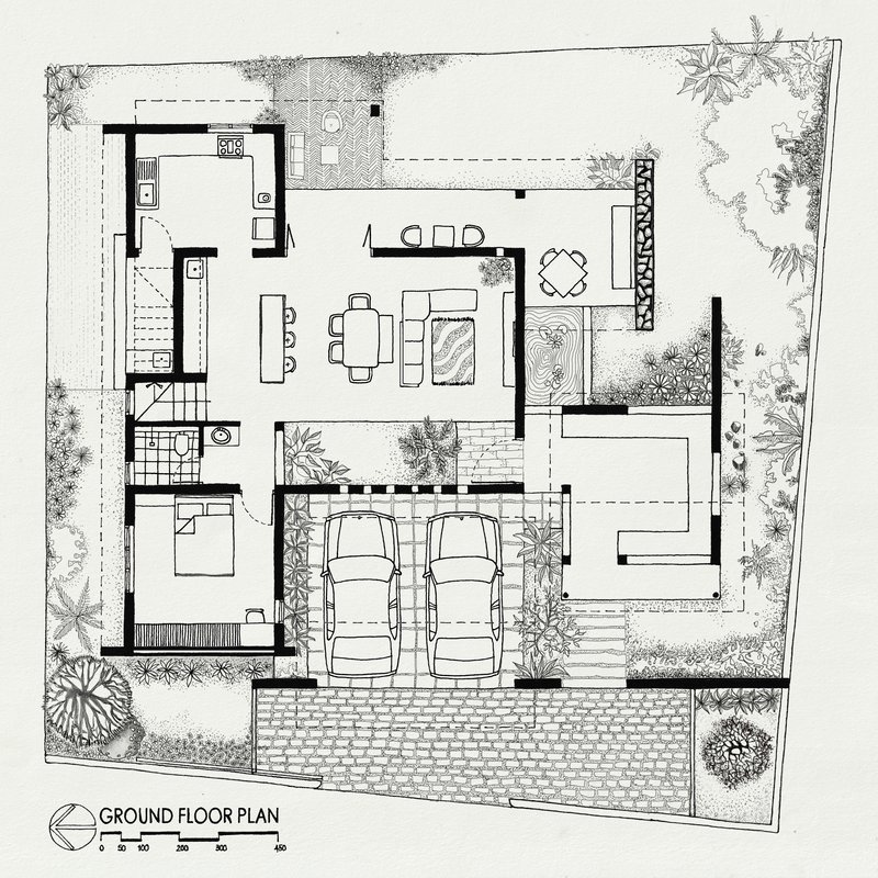 Ground floor plan drawing showing open living and dining areas with double carport and landscaped courtyard