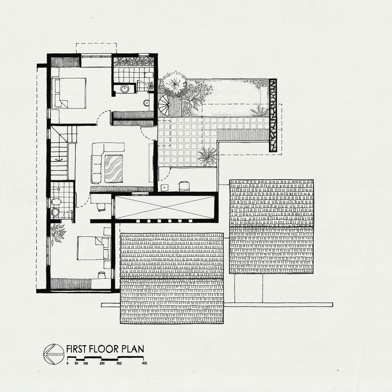 First floor plan drawing showing bedroom suite with terrace and stair connection to sloped tiled roofs below