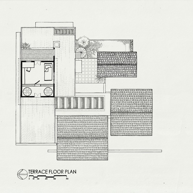 Terrace floor plan drawing showing a bathroom, courtyard, pool, and planted areas with varied paving textures