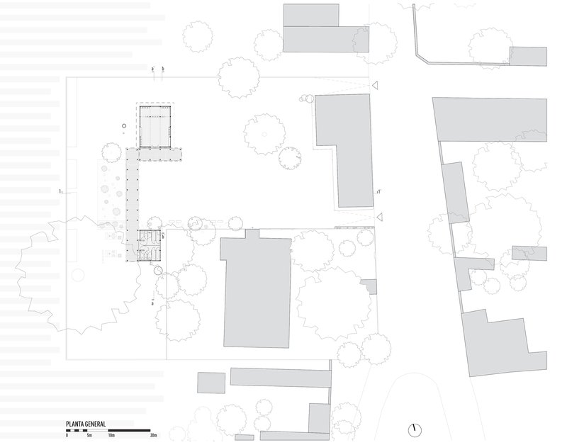 General plan drawing depicting a single structure among existing buildings and tree canopies