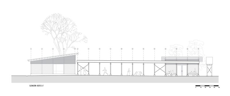 Elevation drawing showing the full length of the linear pavilion with repeating columns and trees
