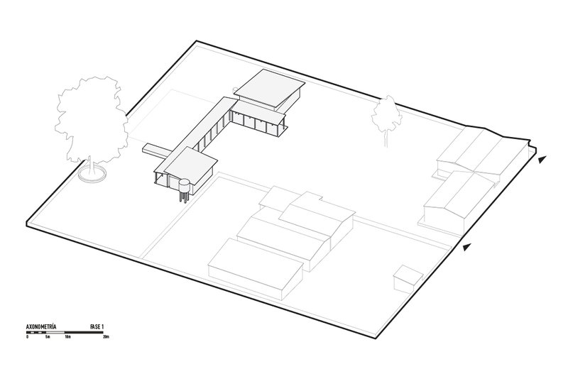 Axonometric drawing showing the site layout with scattered pavilions and surrounding landscape
