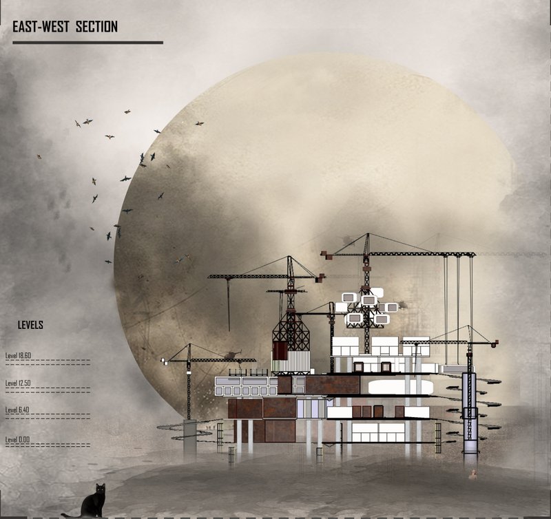 Industrial modular architecture creates a dynamic floating habitat shaped by cranes, movement, and collective memory.