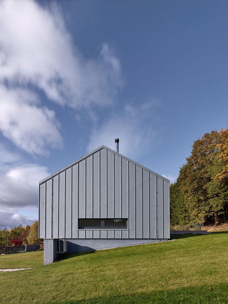 Gable end facade with horizontal window band and vertical metal cladding against autumn foliage