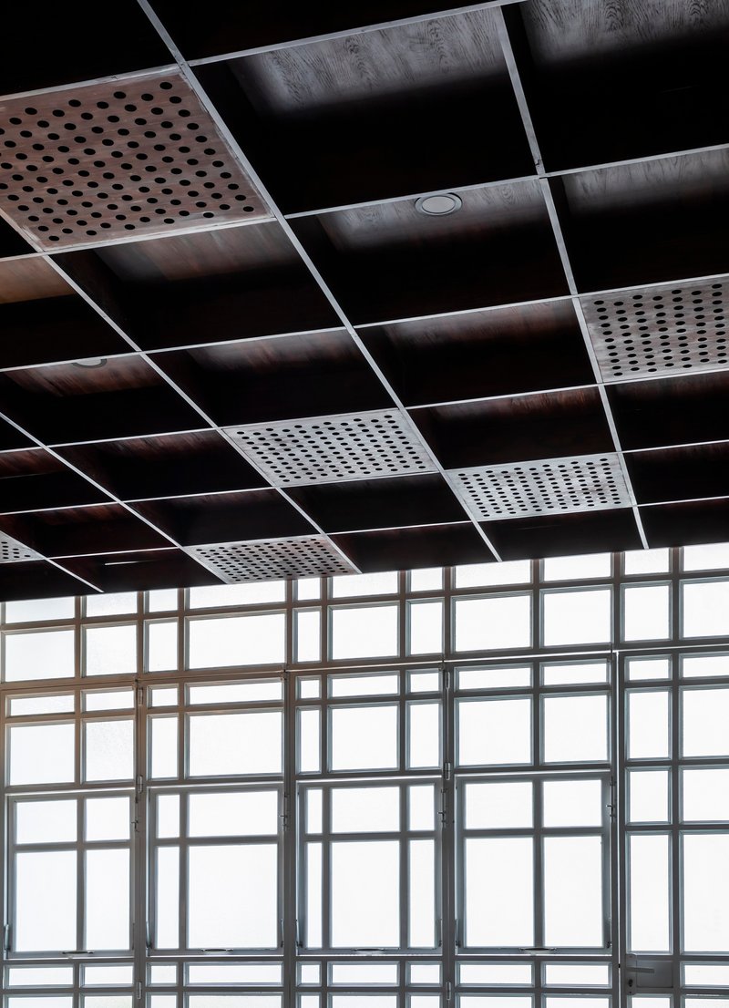 Dark metal ceiling grid with perforated acoustic panels above a tall glazed curtain wall