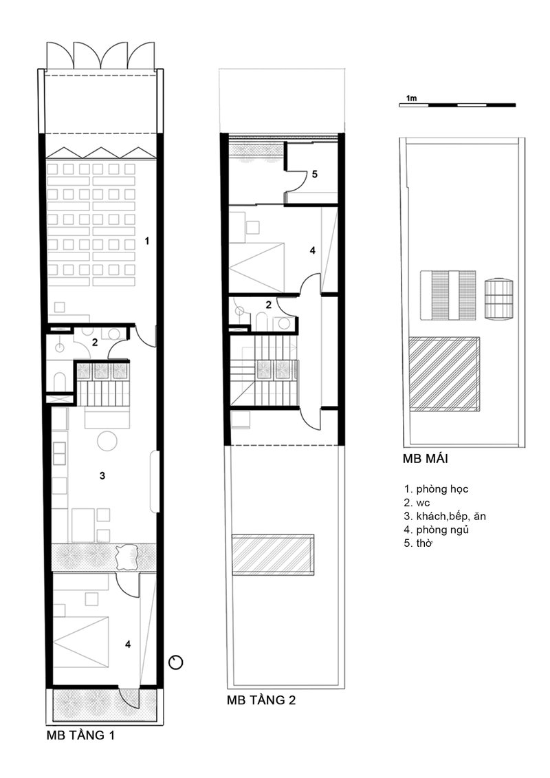 Floor plan drawings showing three levels of a narrow house with roof terrace and courtyard spaces