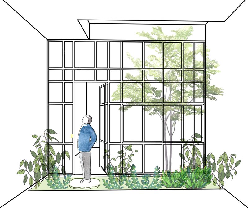Elevation drawing of a gridded glass facade with a courtyard tree and figure in blue
