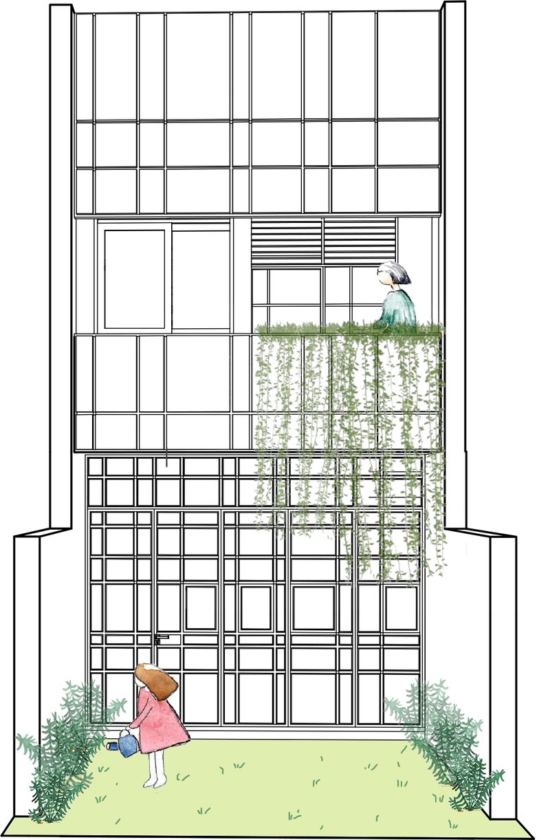 Section elevation drawing of a multi-story gridded facade with planted terraces and child below
