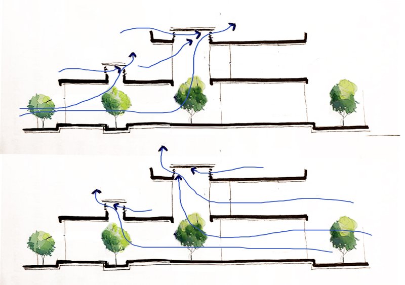 Section sketches illustrating natural ventilation airflow patterns through split-level volumes with trees