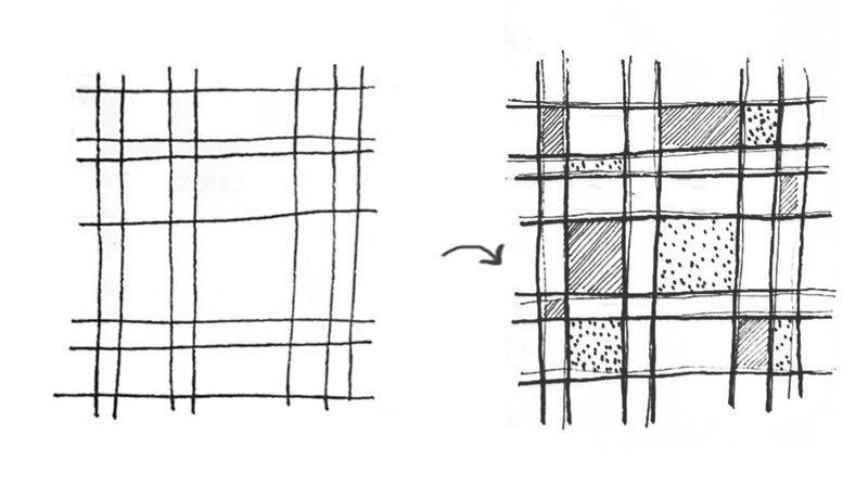 Diagram sketches showing transformation of uniform grid into varied panel infill composition