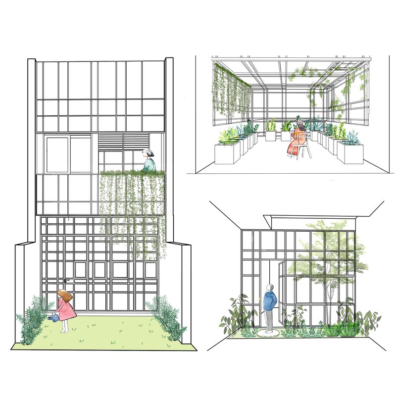 Elevation and perspective drawings showing a steel-framed glass structure with hanging plants and people in a garden setting