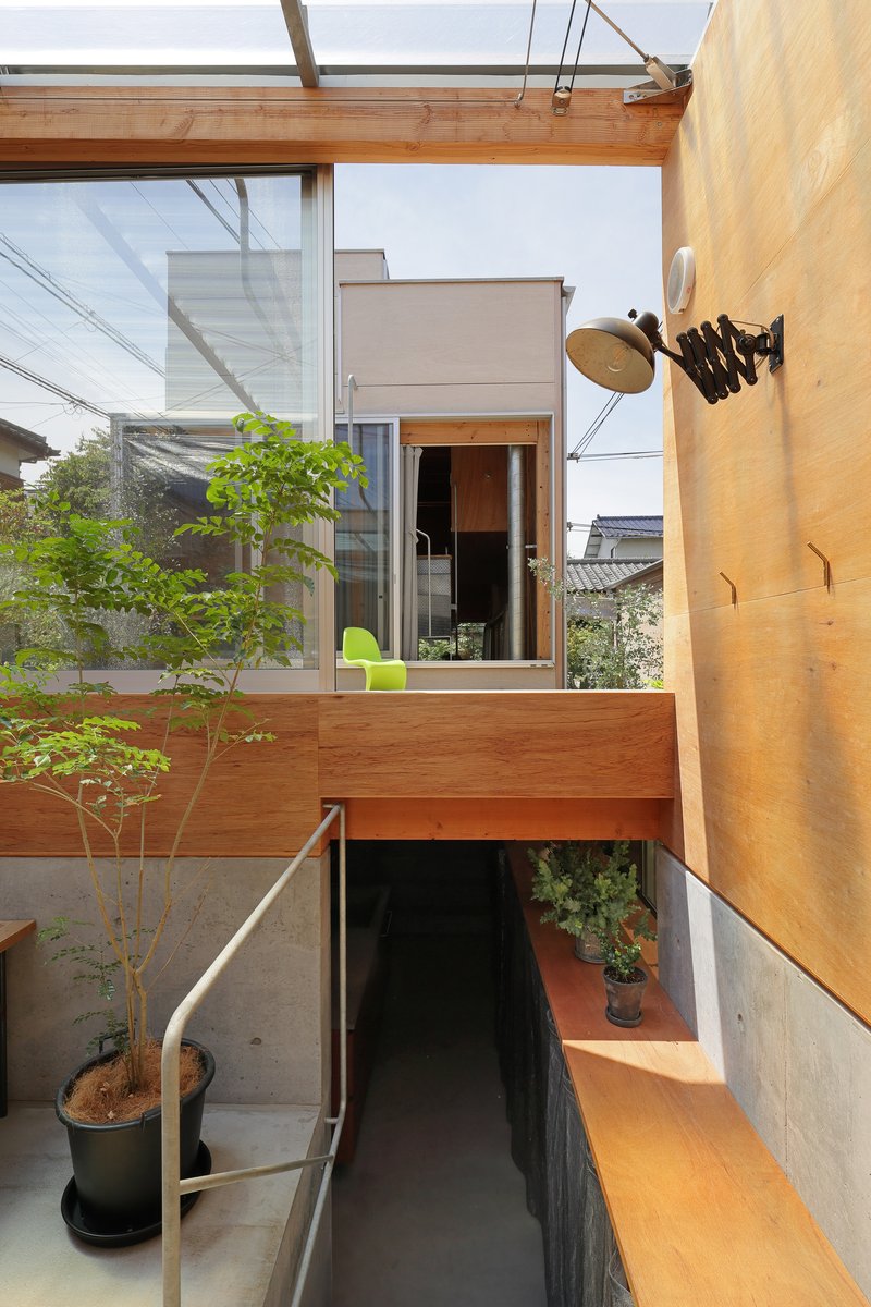 Interior courtyard view showing timber balcony with potted tree and glazed clerestory above