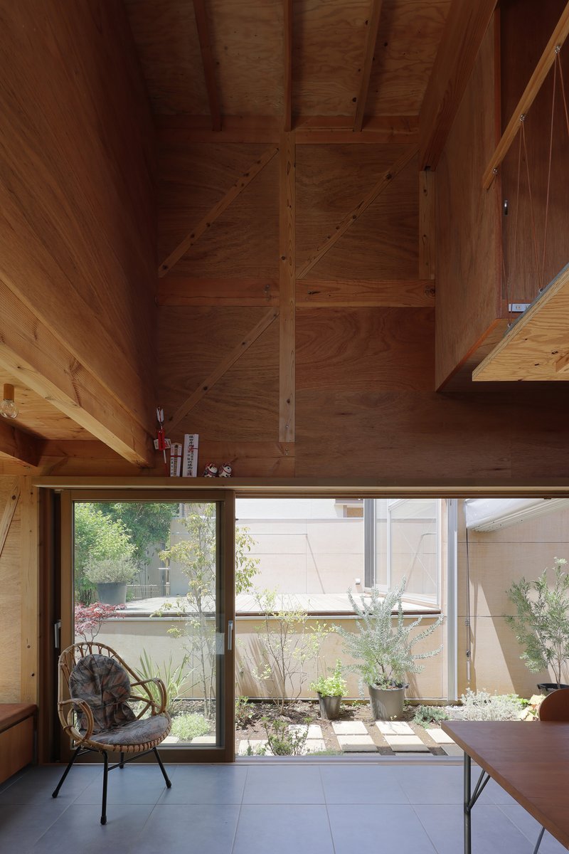 Plywood lined ceiling with exposed timber beams above a window sill planted with potted greenery