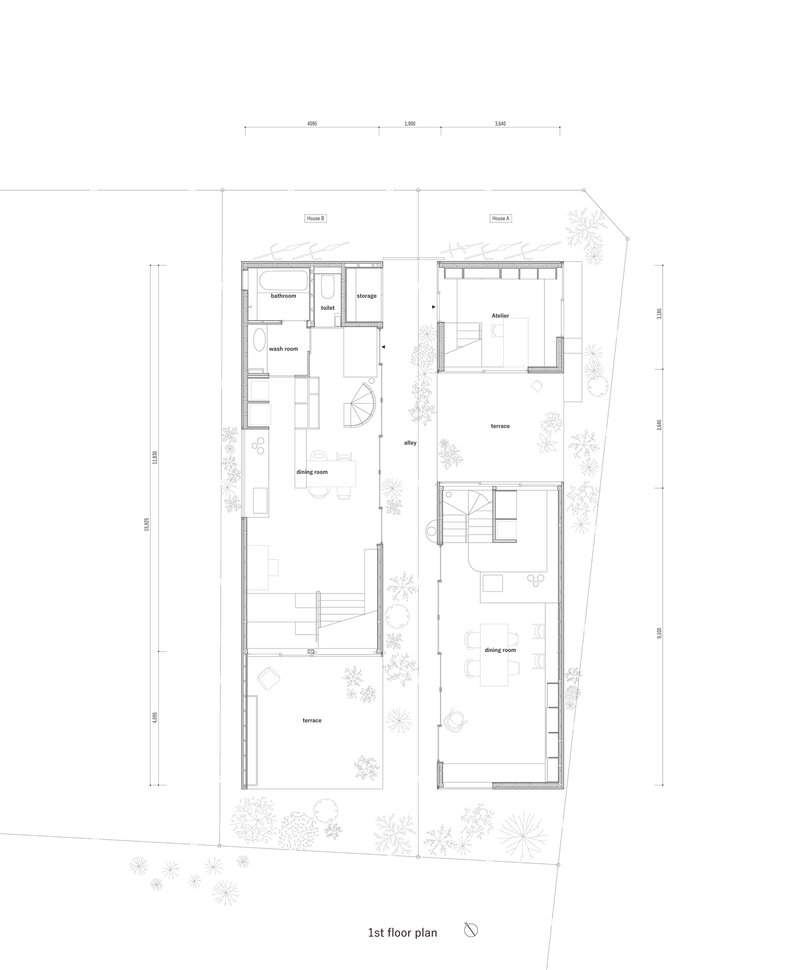 First floor plan drawing showing split volumes with terraces and courtyard plantings