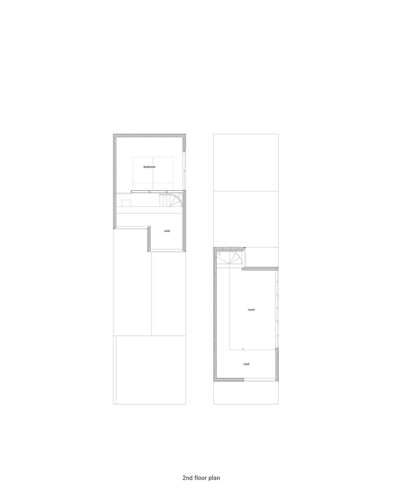 Second floor plan drawing showing two offset bedroom volumes connected by a stairwell