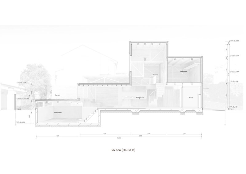 Section drawing showing split-level volumes with stairs connecting dining and living areas