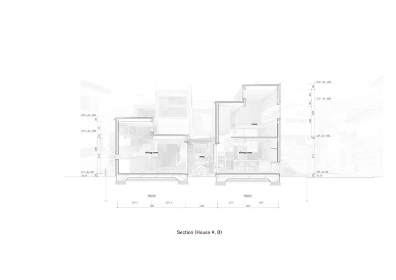 Section drawing through two houses showing split-level interior spaces and stepped roof volumes