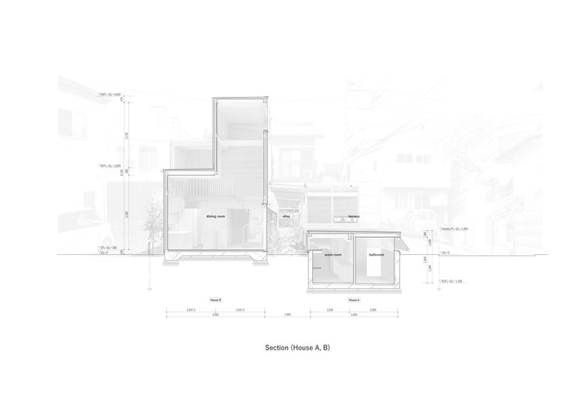 Section drawing revealing the varied ceiling heights and spatial relationships between dining room office and bathroom