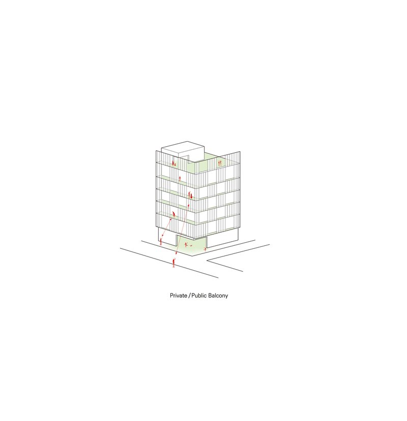 Isometric drawing showing a tower with mixed private and public balconies marked in red