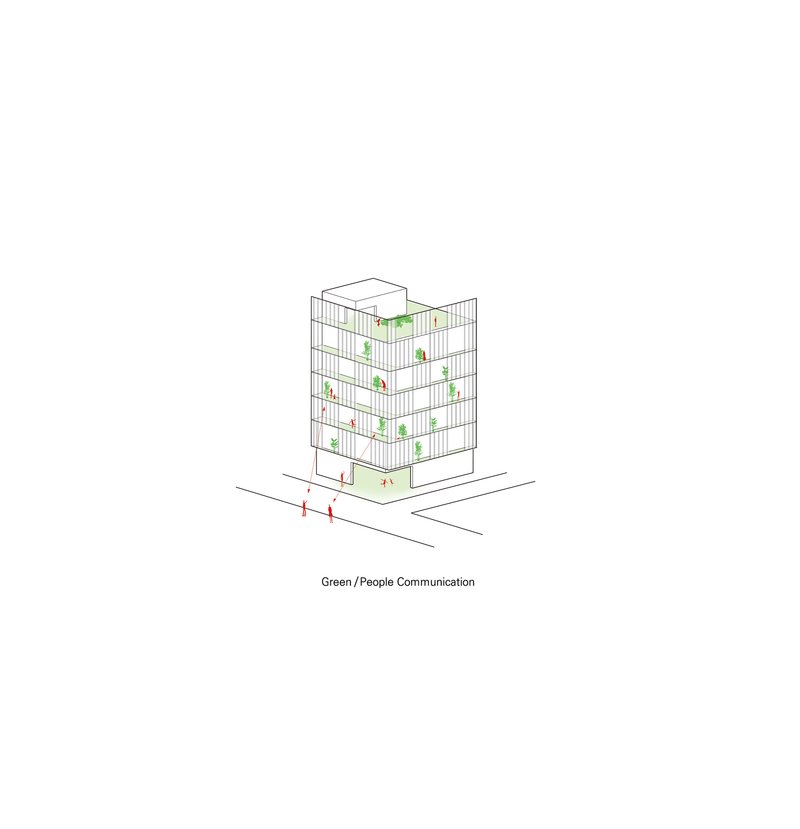 Isometric drawing of a tower with green planted balconies and pedestrians at street level