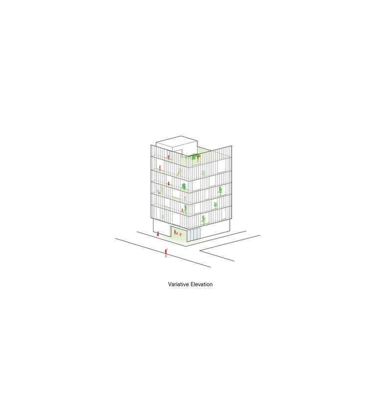 Elevation drawing showing a tower facade with alternating balconies and planted terraces