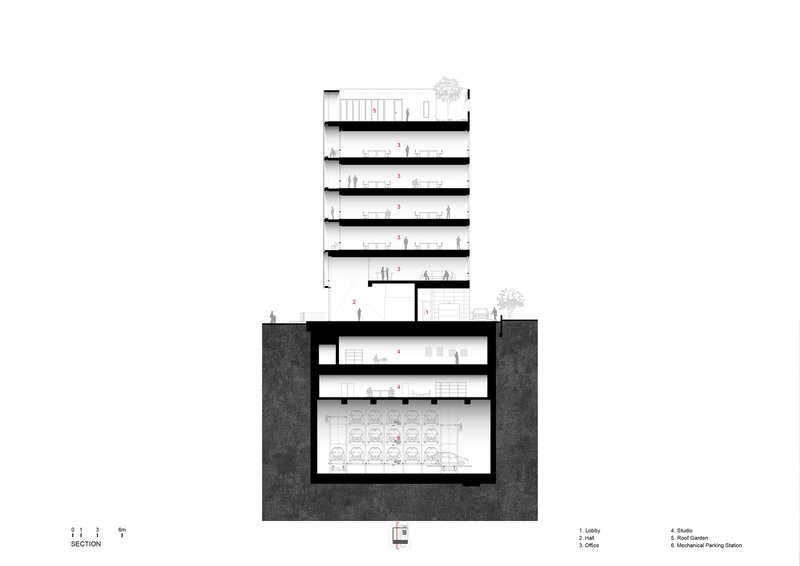 Section drawing showing tower above grade and two basement parking levels carved into the ground