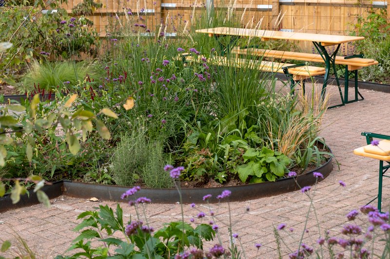 Circular planted bed with grasses and purple flowering plants on paved courtyard beside folding wooden tables
