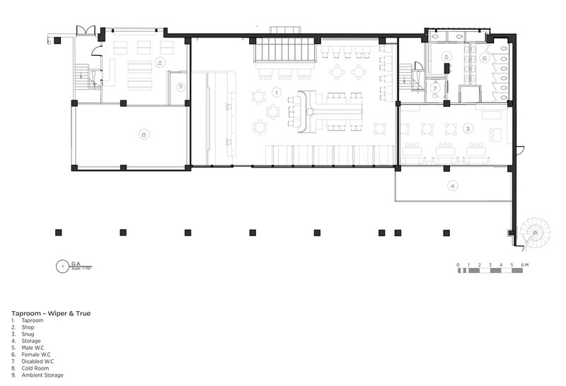 Floor plan drawing showing a taproom with central bar flanked by dining and support spaces
