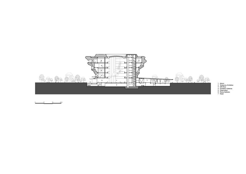 Section drawing showing the circular building's multi-level structure with a cantilevered upper volume