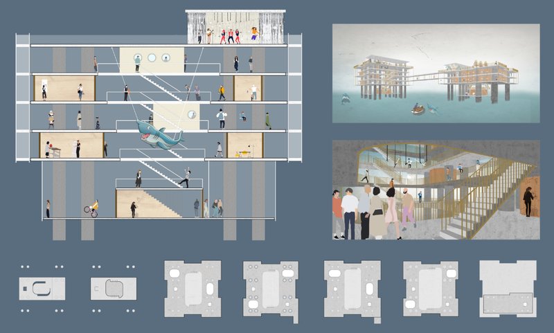 Sectional transformation of industrial oil rigs into floating cultural and research architecture above the open sea.