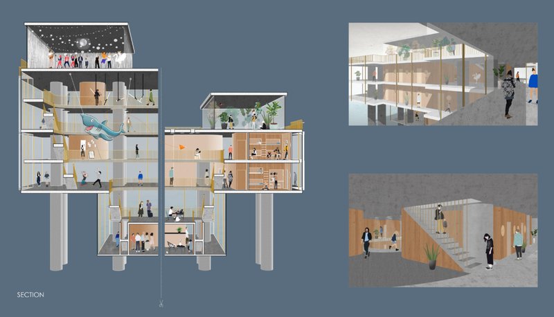 Architectural section illustrating circulation, ocean-facing interiors, and public spaces within the floating island.