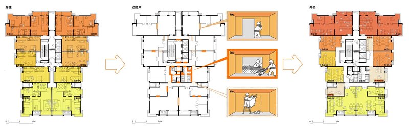 Sequence of floor plans showing unit transformation from separate apartments to flexible shared spaces with interior vignettes