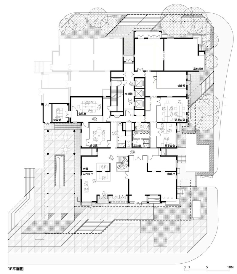First floor plan showing residential units distributed around a central circulation core with landscaped perimeter