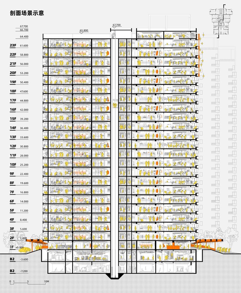 Section drawing revealing interior floor plates with residents and yellow accent spaces throughout the tower levels