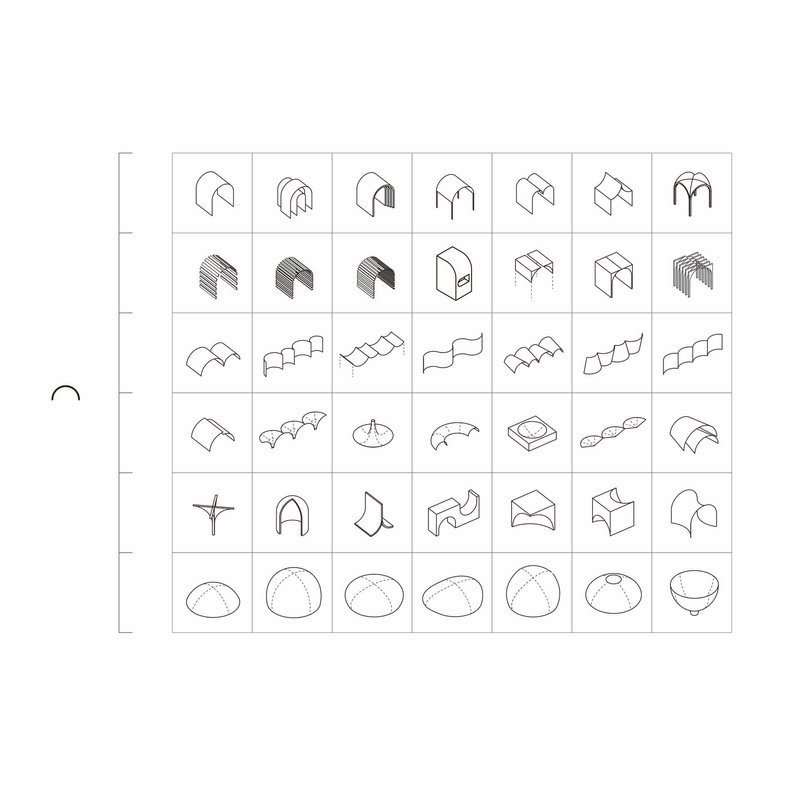 Isometric drawing grid showing various roof and vault form variations in line work