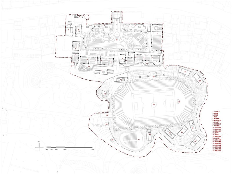 Floor plan drawing depicting rectangular building wings surrounding a curved sports field with running track