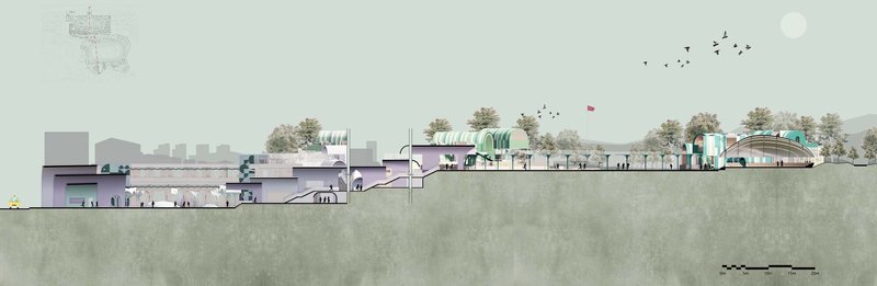 Section drawing with turquoise roof forms stepping down a hillside beneath flying birds and trees