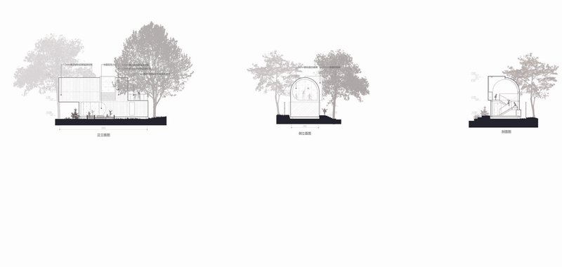 Three section drawings showing different arch configurations with trees and human figures at grade level