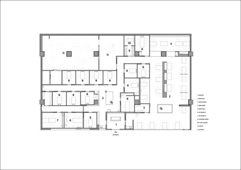 Floor plan drawing showing dining areas, private rooms, kitchen and service zones around a central core